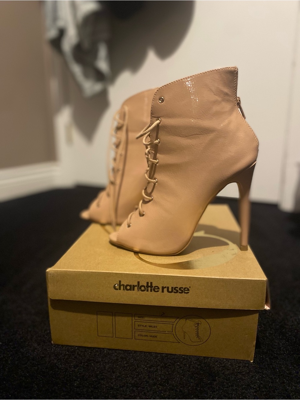 Charlotte Russe Beige Lace-Up Peep-Toe Miley Stiletto’s